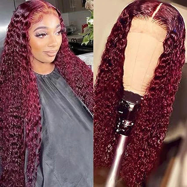 99J Burgundy Human Hair 4x4 Deep Wave Lace Closure Wigs 