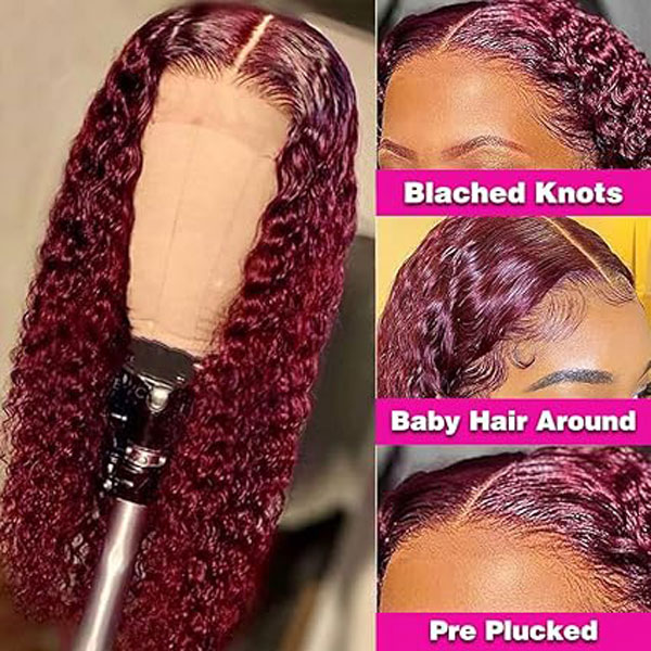 99J Burgundy Human Hair 4x4 Deep Wave Lace Closure Wigs