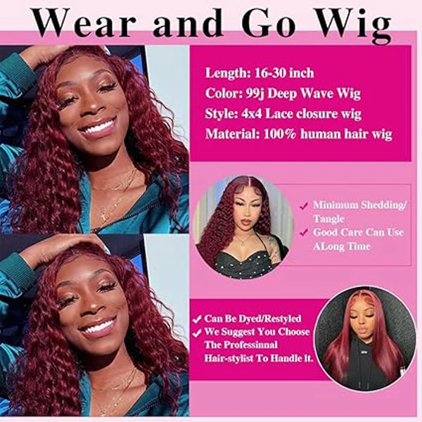 99J Burgundy Human Hair 4x4 Deep Wave Lace Closure Wigs