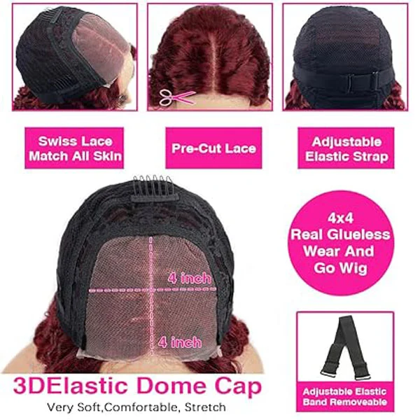 99J Burgundy Human Hair 4x4 Deep Wave Lace Closure Wigs
