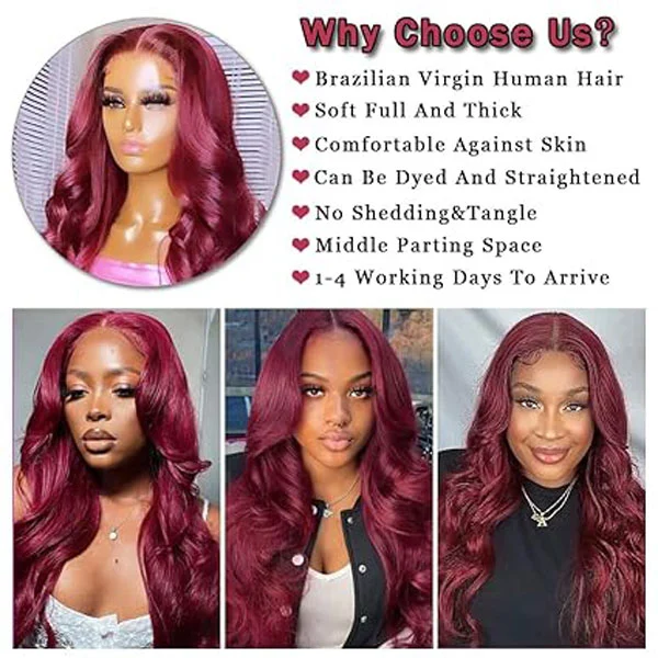 99J Burgundy Body Wave 4x4 Lace Closure Wigs Human Hair 