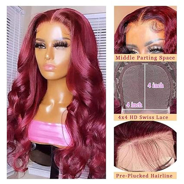 99J Burgundy Body Wave 4x4 Lace Closure Wigs Human Hair 