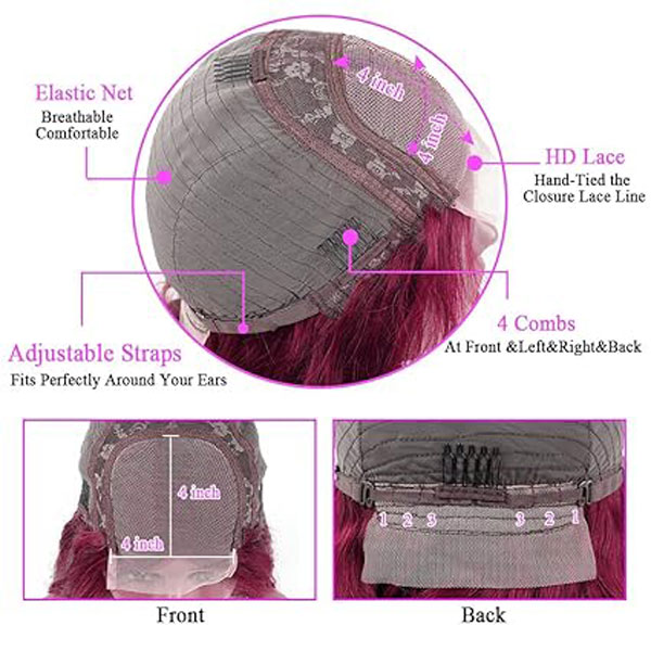 99J Burgundy Body Wave 4x4 Lace Closure Wigs Human Hair 