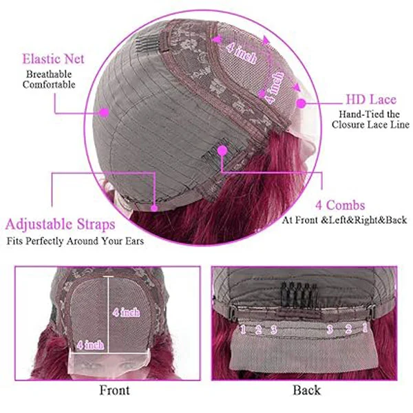 99J Burgundy Body Wave 4x4 Lace Closure Wigs Human Hair 