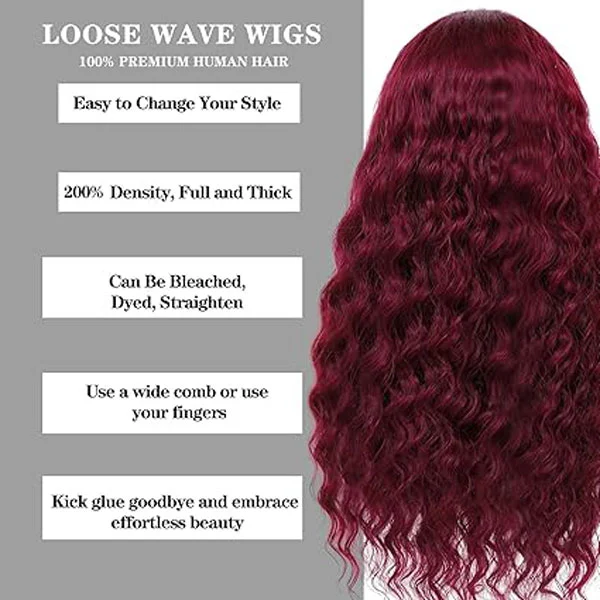 4x4 99J Burgundy Loose Wave Lace Closure Wigs Human Hair