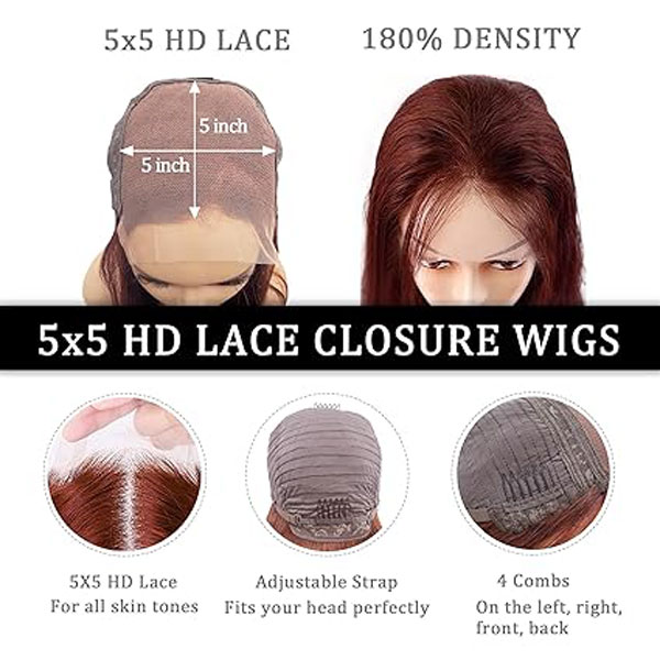 5x5 Reddish Brown HD Lace Closure Wigs Human Hair Straight 