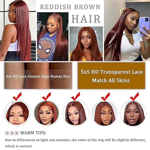 5x5 Reddish Brown HD Lace Closure Wigs Human Hair Straight 