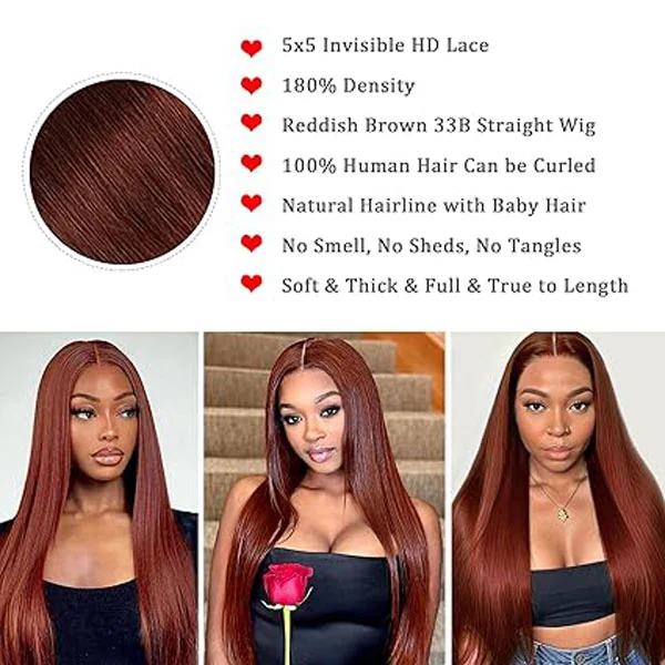 5x5 Reddish Brown HD Lace Closure Wigs Human Hair Straight 