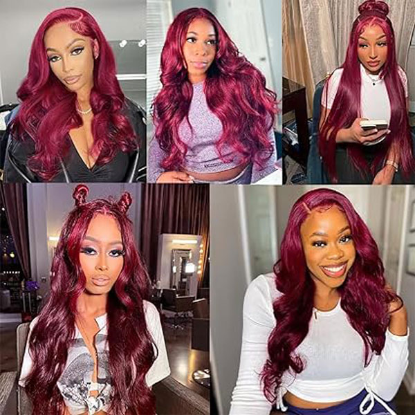 5x5 HD 99j Burgundy Body Wave Lace Closure Wigs Human Hair 
