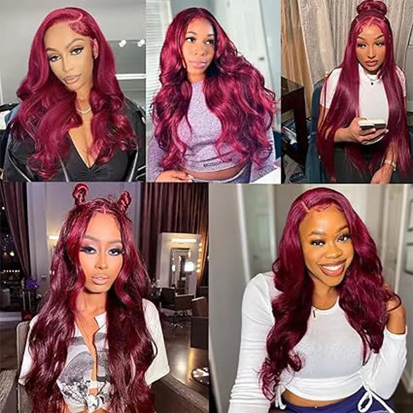 5x5 HD 99j Burgundy Body Wave Lace Closure Wigs Human Hair 