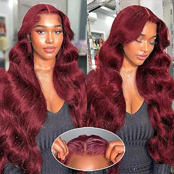 5x5 HD 99j Burgundy Body Wave Lace Closure Wigs Human Hair 