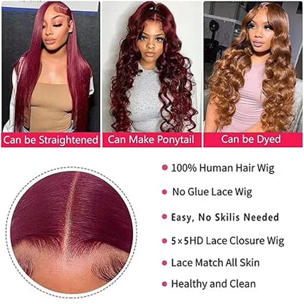 5x5 HD 99j Burgundy Body Wave Lace Closure Wigs Human Hair 