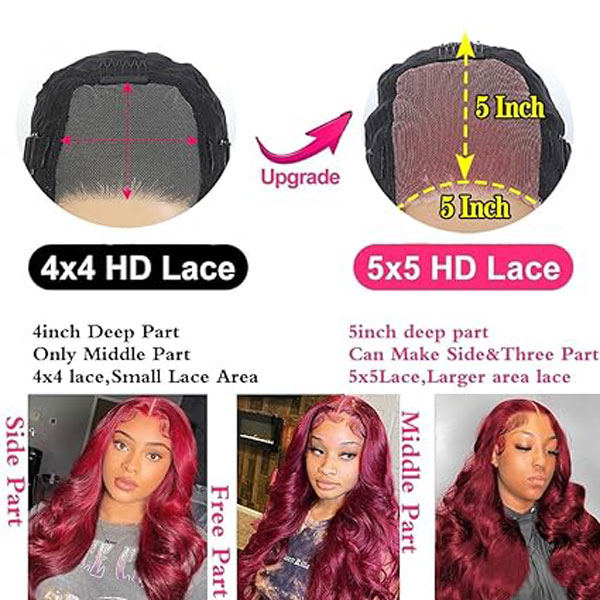 5x5 HD 99j Burgundy Body Wave Lace Closure Wigs Human Hair 