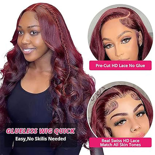 5x5 HD 99j Burgundy Body Wave Lace Closure Wigs Human Hair 