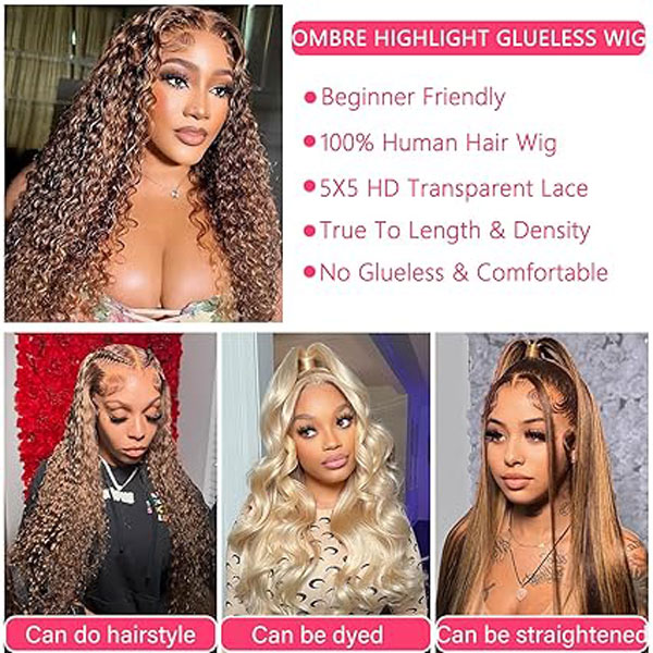 P4/27 Honey Blonde Deep Wave 5x5 HD Lace Closure Wigs Human Hair 