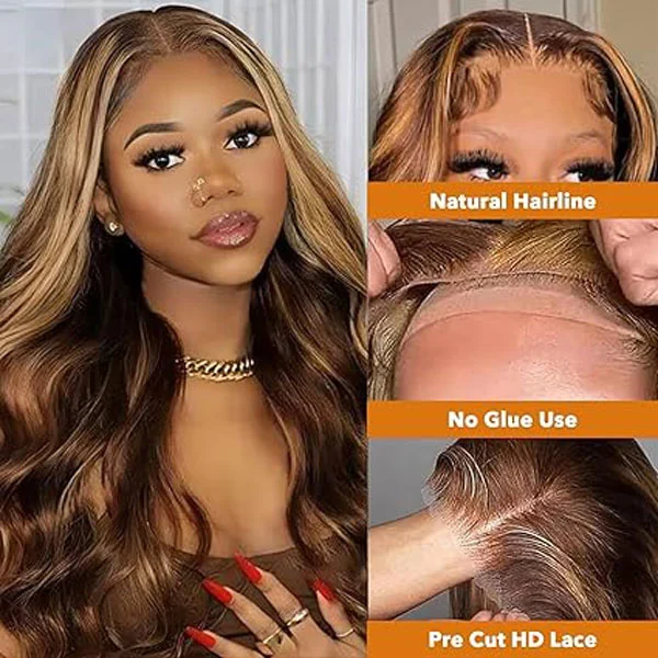 5x5 4/27 Highlight HD Body Wave Lace Closure Wigs Human Hair