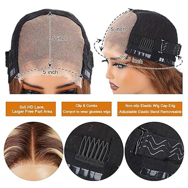 5x5 4/27 Highlight HD Body Wave Lace Closure Wigs Human Hair