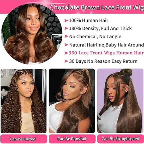 Chocolate Brown Lace Front Wig Human Hair 360 Body Wave Wigs