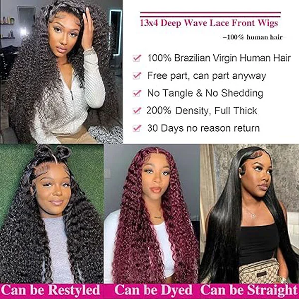 13x4 Deep Wave Lace Front Wigs Human Hair HD Transparent Glueless Curly Wigs
