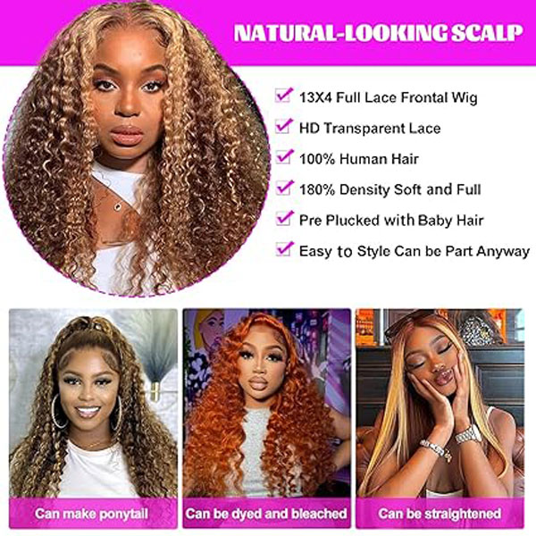 Highlight 4/27 13x4 Deep Wave Lace Front Wig Human Hair Wigs 
