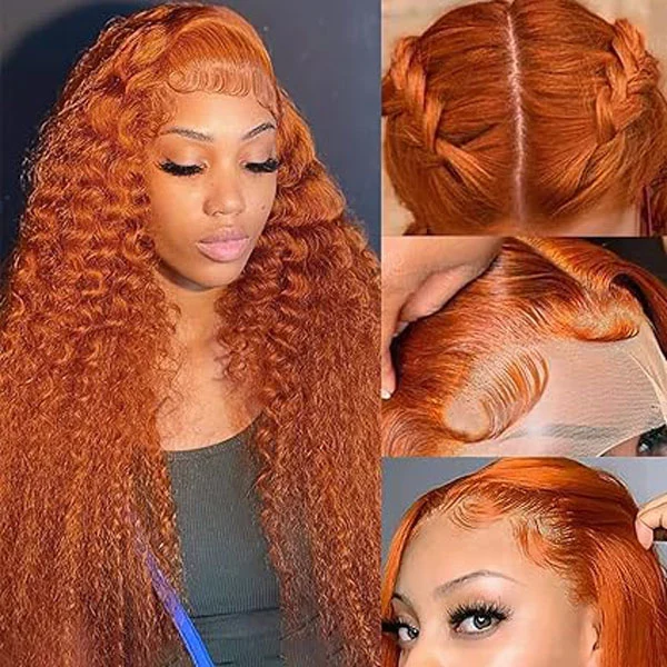 13x4 HD Ginger Orange Deep Wave Lace Front Wigs Human Hair Glueless Curly Wigs 