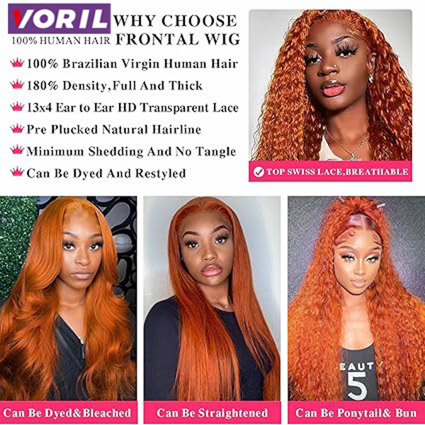 13x4 HD Ginger Orange Deep Wave Lace Front Wigs Human Hair Glueless Curly Wigs 