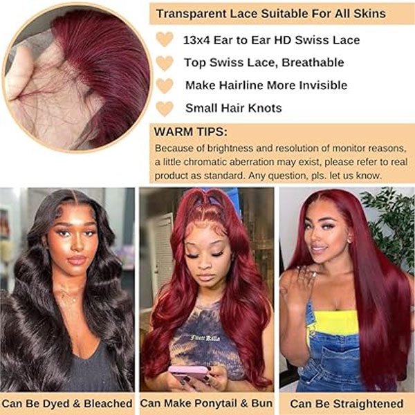 13x4 HD 99J Burgundy Lace Front Wigs Human Hair Glueless Body Wave Wigs