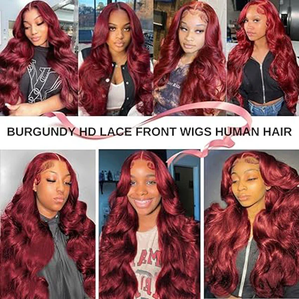 13x4 HD 99J Burgundy Lace Front Wigs Human Hair Glueless Body Wave Wigs
