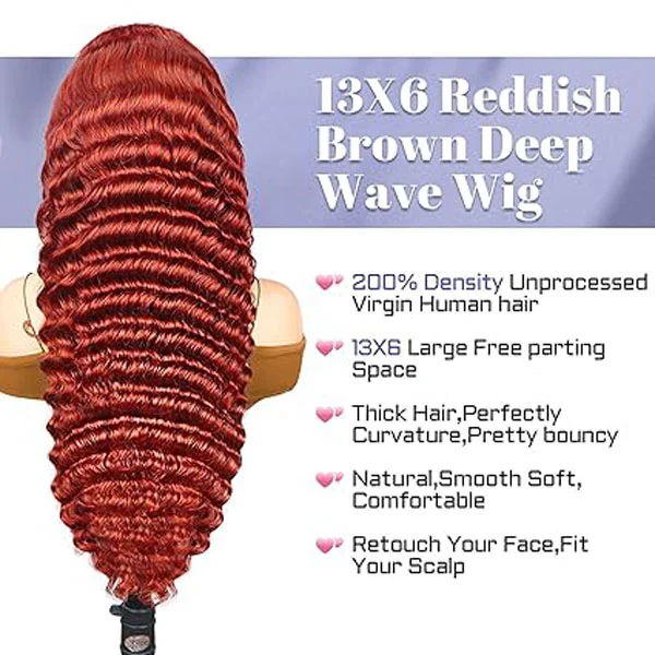 13x6 Reddish Brown Lace Front Wigs Human Hair Deep Wave Wig 