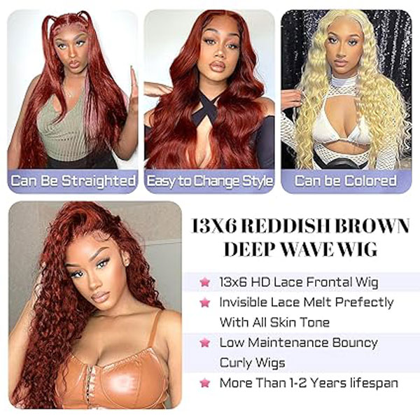 13x6 Reddish Brown Lace Front Wigs Human Hair Deep Wave Wig 