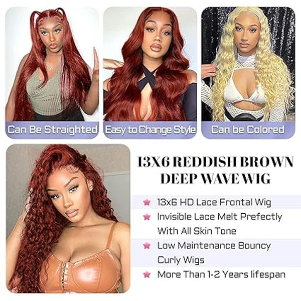 13x6 Reddish Brown Lace Front Wigs Human Hair Deep Wave Wig 