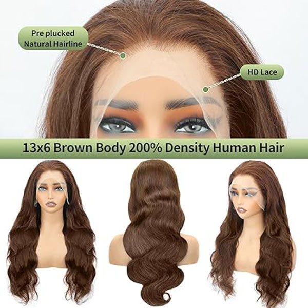13x6 HD Chocolate Brown Lace Front Wig Human Hair Body Wave Wigs 