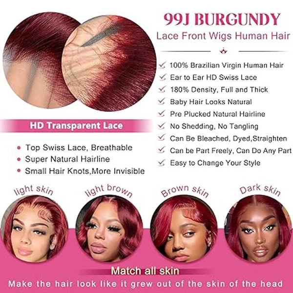 99J Burgundy 13x6 HD Body Wave Lace Front Wigs Glueless Human Hair Wigs 