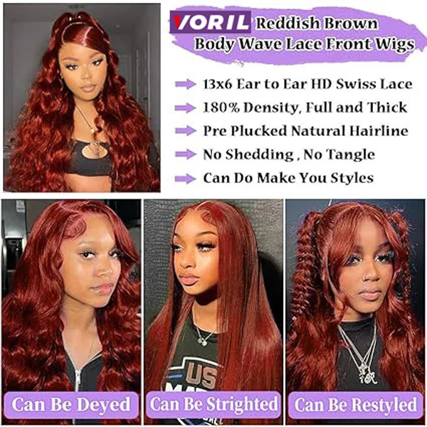 Reddish Brown 33# 13x6 Body Wave Lace Front Wigs Human Hair Wig 