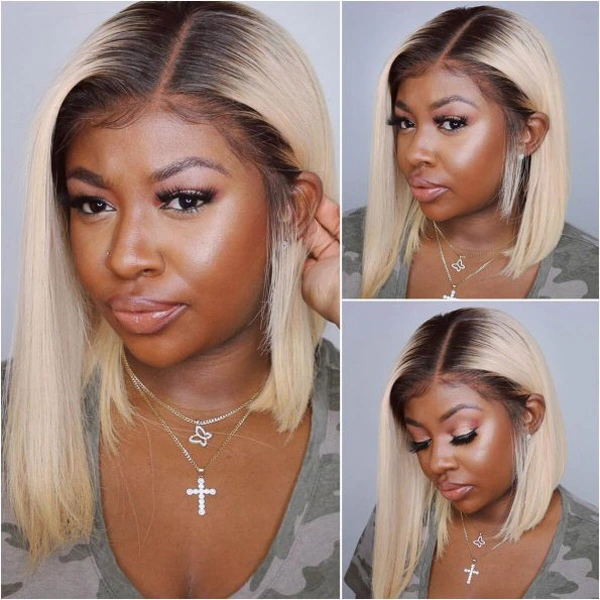 Ombre Blonde Straight 13x4 Lace Front Human Hair Bob Wigs