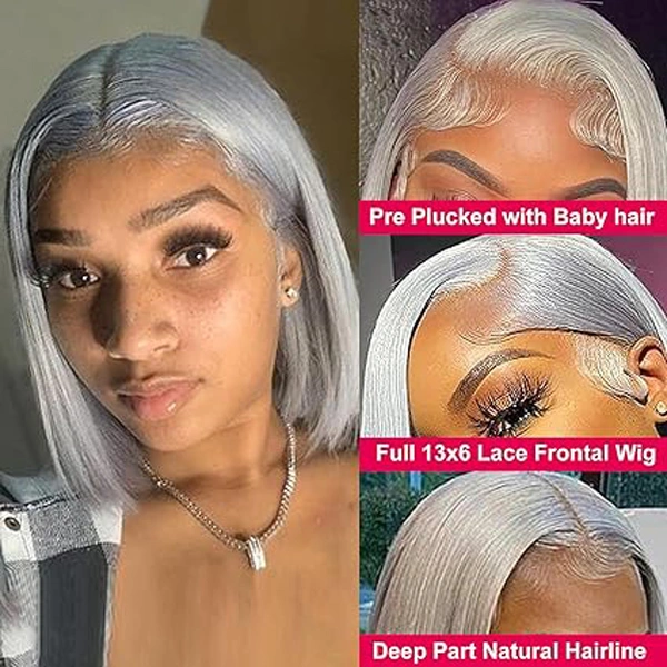 Grey Color13x6 Bob Lace Frontal Wig Human Hair Straight Wigs