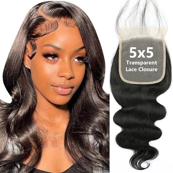 5X5 Transparent HD Lace Closure Body Wave Human Hair Natural Black