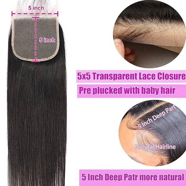 HD 5X5 Straight Transparent Lace Closure Human Hair