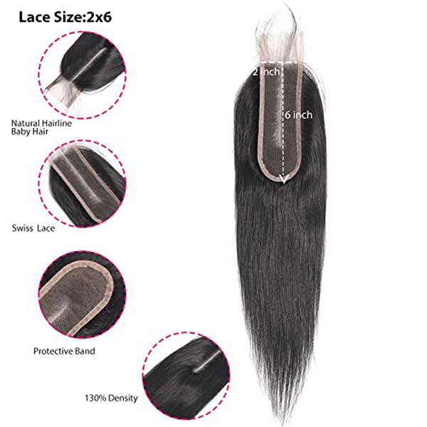 2x6 Lace Closure Straight 100% Human Hair Deep Middle Part