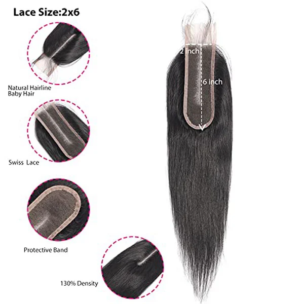 2x6 Lace Closure Straight 100% Human Hair Deep Middle Part