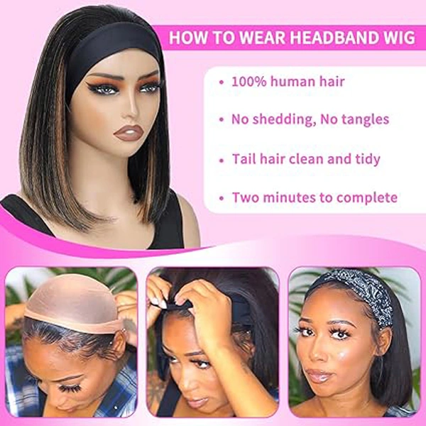 1B/30 Headband Wigs Human Hair Straight Bob Wigs 